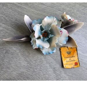 Capodimonte Blue Tipped Flower With Gray Leaves  9"